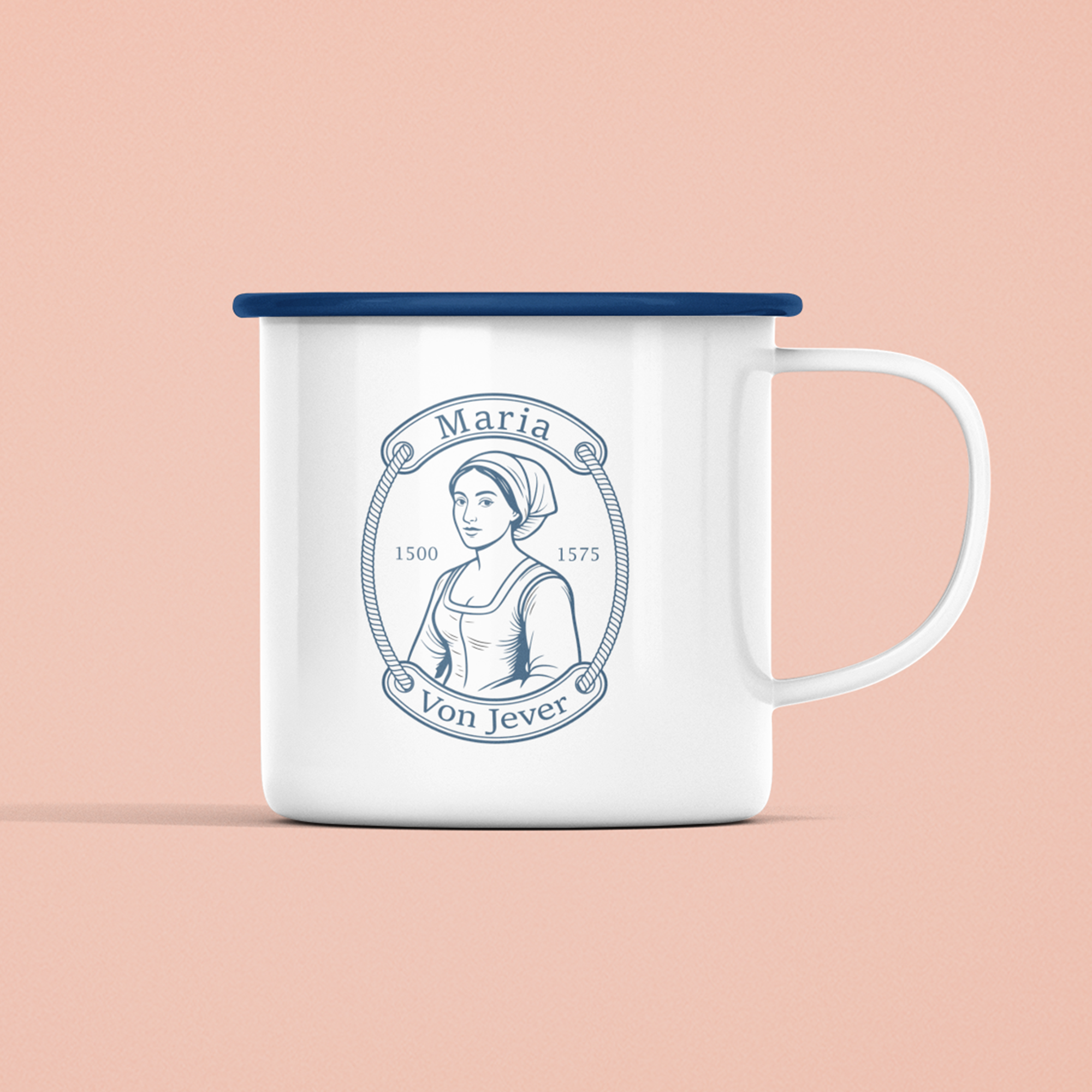 „Fräulein Maria von Jever“ – Emailletasse mit blauem Rand